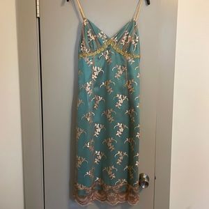 Betsy Johnson lace overlay slip dress gold and turquoise